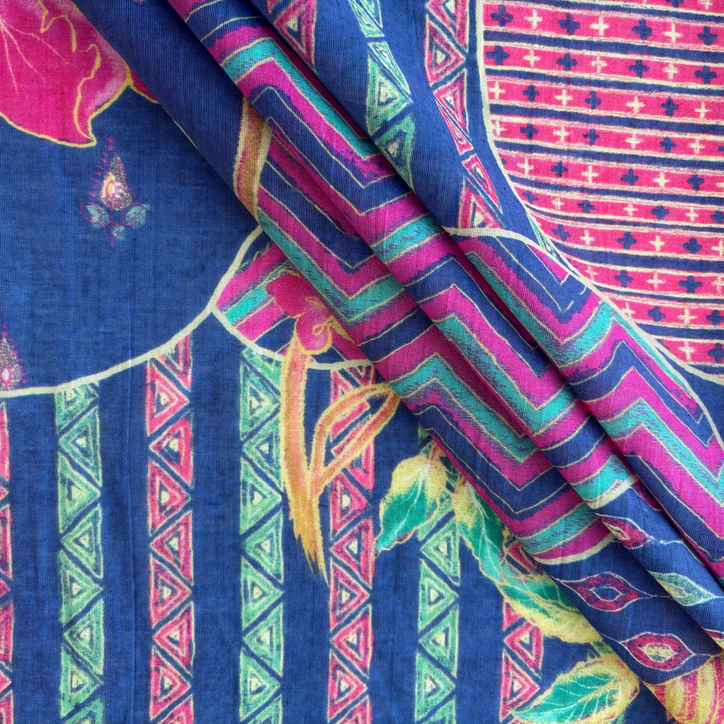Blue Floral Print Chanderi Silk Fabric