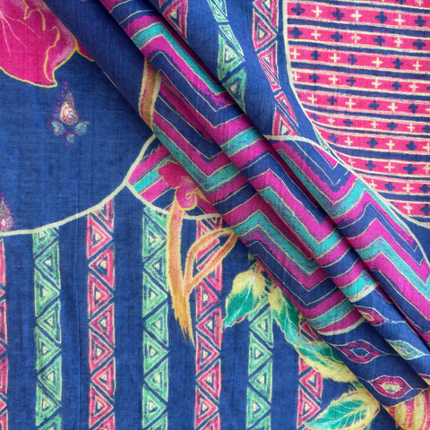 Blue Floral Print Chanderi Silk Fabric