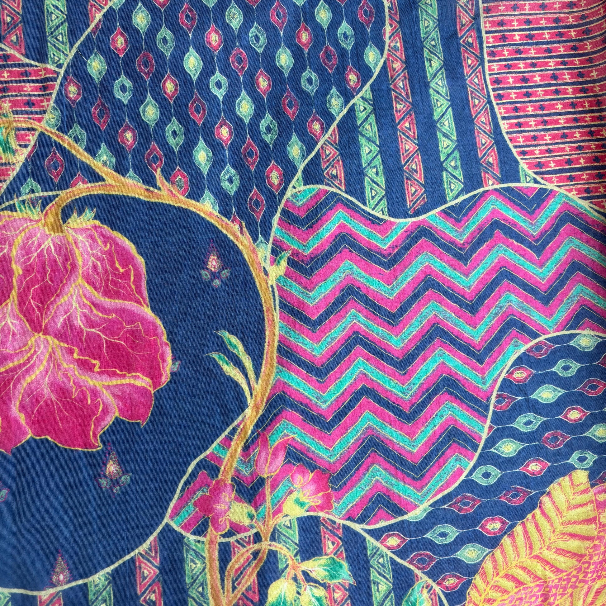 Blue Floral Print Chanderi Silk Fabric