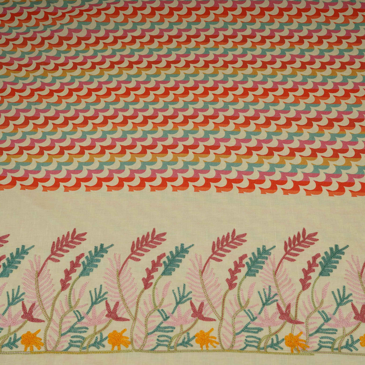 Cream with Multicolor thread embroidery Linen Fabric SFG-31990 - TradeUNO