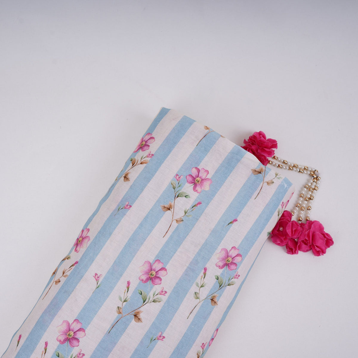 Dusty Blue with Off White Stripes floral 40s Pure Linen Fabric VF-31323 - TradeUNO
