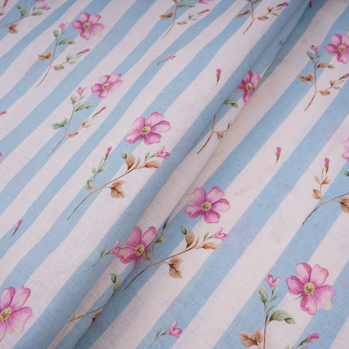 Dusty Blue with Off White Stripes floral 40s Pure Linen Fabric VF-31323 - TradeUNO