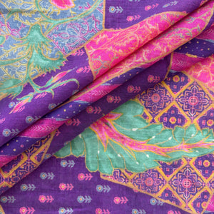 Purple Floral Print Chanderi Silk Fabric