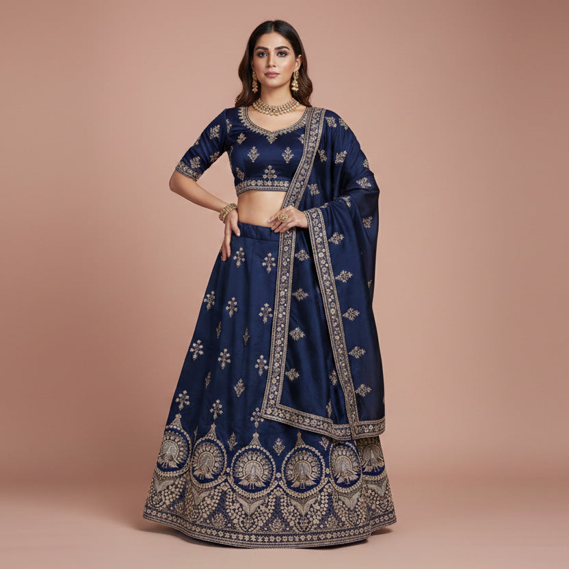 Blue Parsi thread Embroidery Russian Silk Fabric DR-28033 - TradeUNO