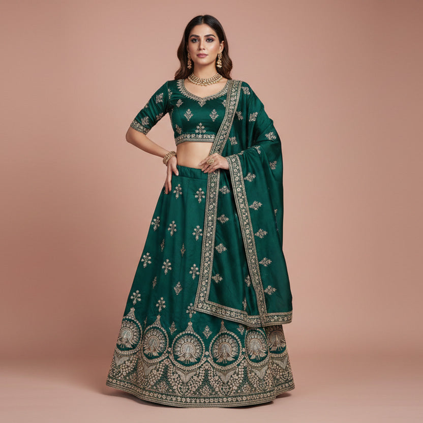 Green Parsi thread Embroidery Russian Silk Fabric DR-28032 - TradeUNO