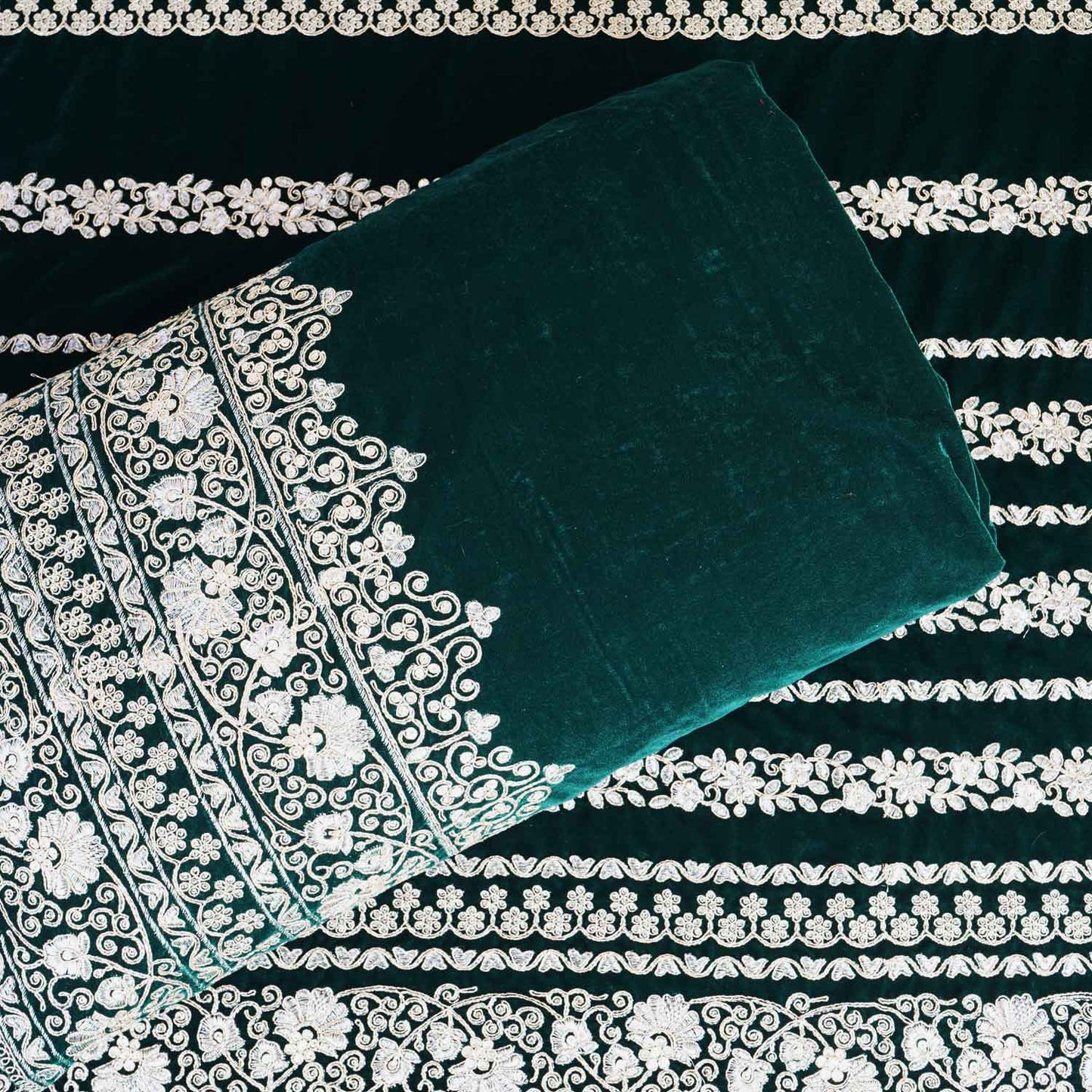Green Border Work Zari embroidery Velvet Fabric JD-28603