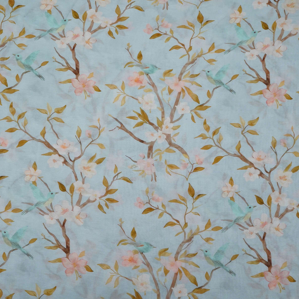 Ice Blue floral print Pure Linen Fabric GTS-31340 - TradeUNO