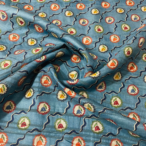 Blue Multicolor Floral Print Tusser Silk Fabric - TradeUNO