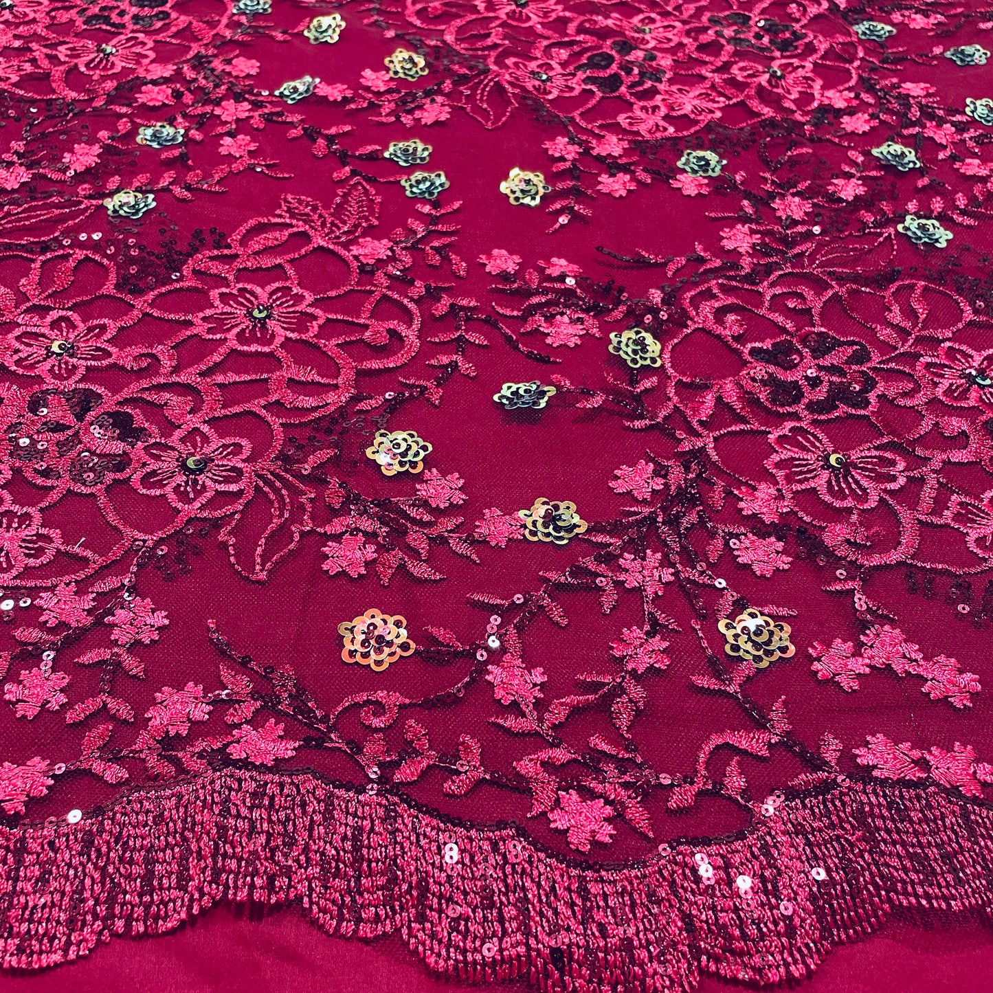 Maroon Floral Sequence Embroidery Net Fabric - TradeUNO