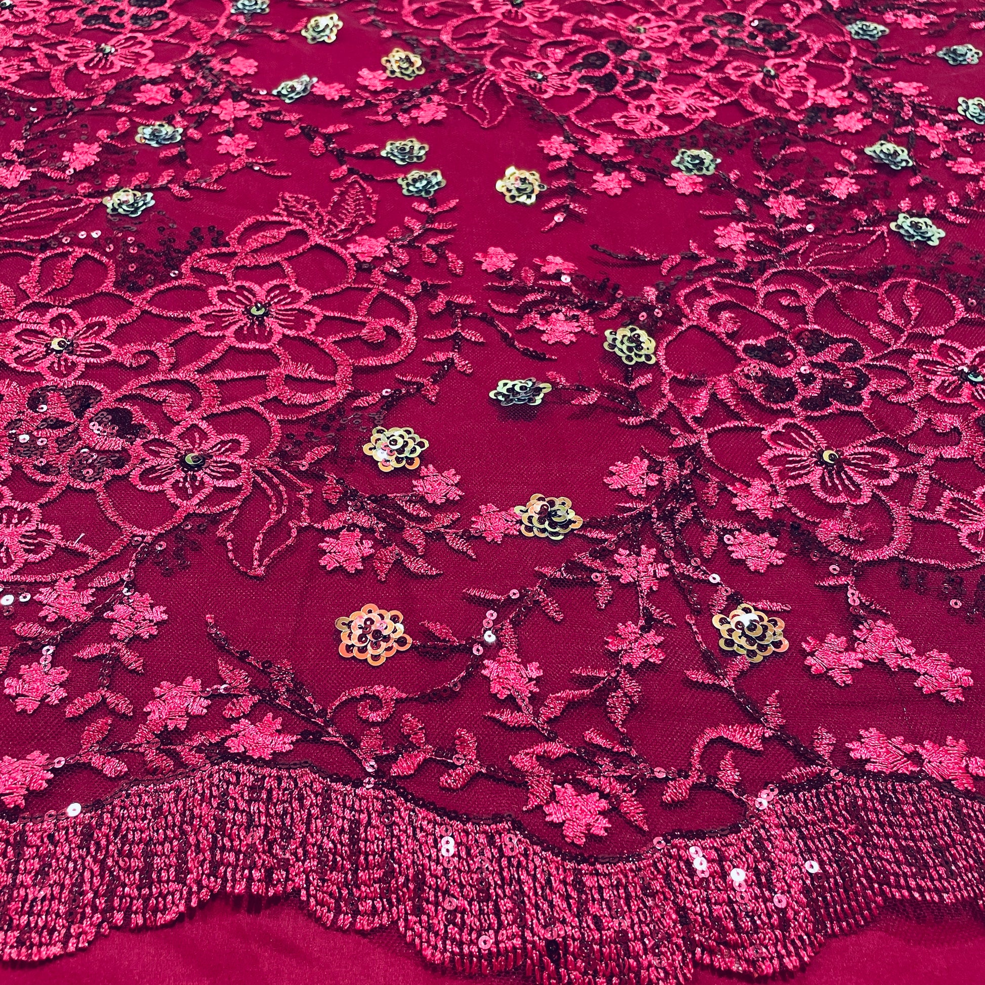 Maroon Floral Sequence Embroidery Net Fabric - TradeUNO