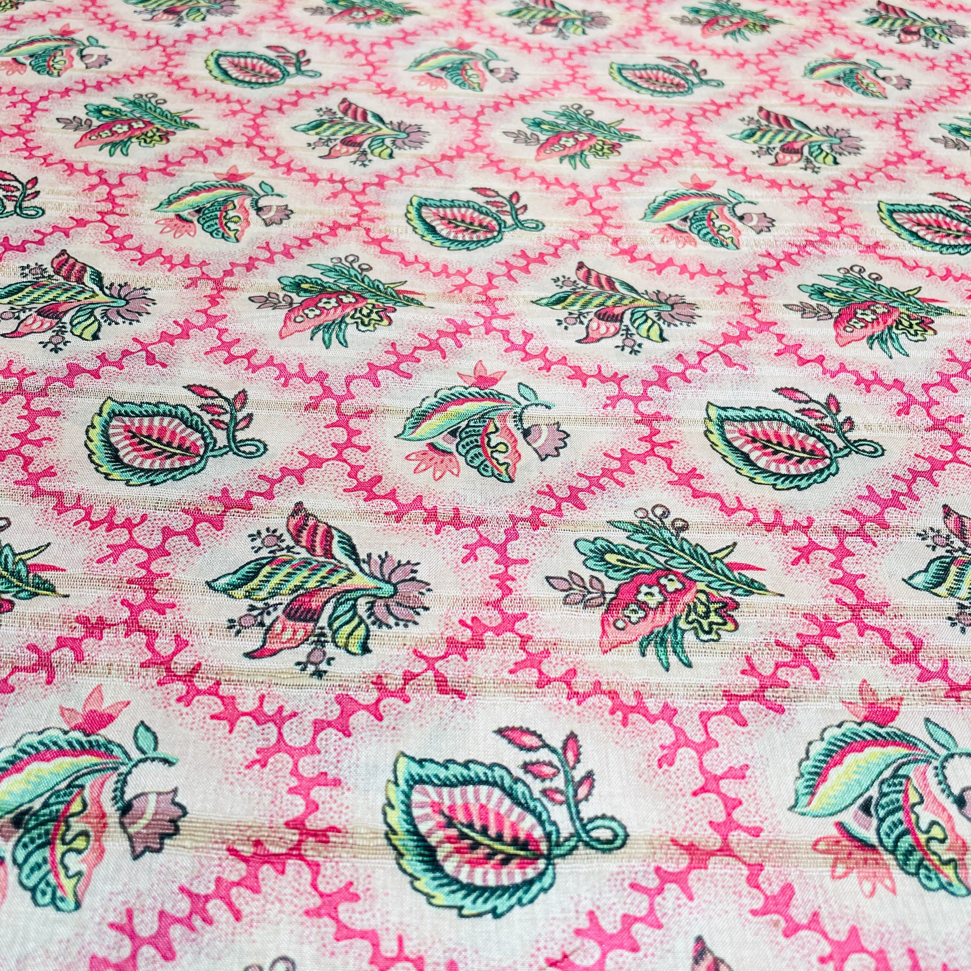 Pink Green Floral Print Tusser Silk Fabric - TradeUNO