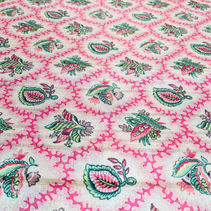 Pink Green Floral Print Tusser Silk Fabric - TradeUNO