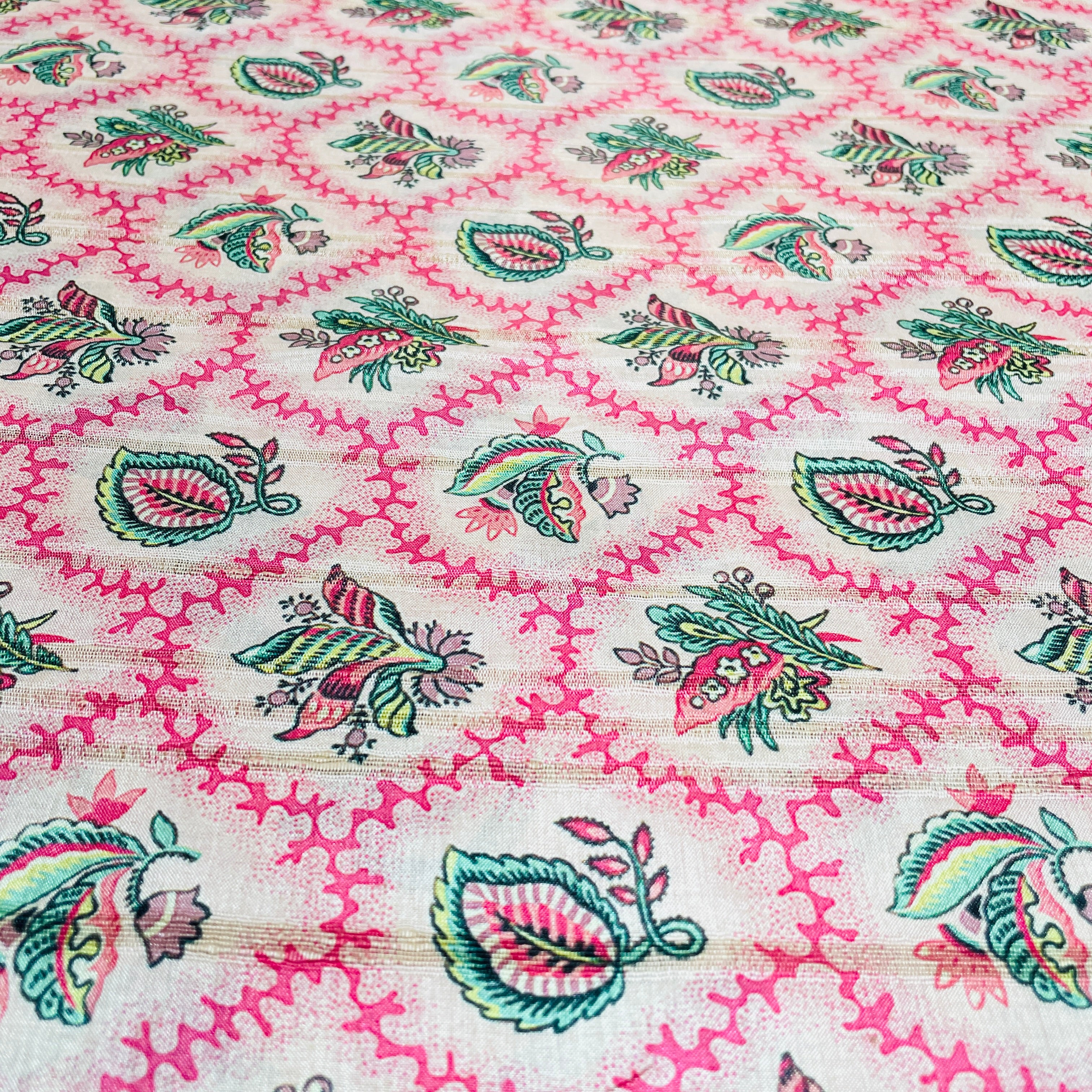 Pink Green Floral Print Tusser Silk Fabric - TradeUNO