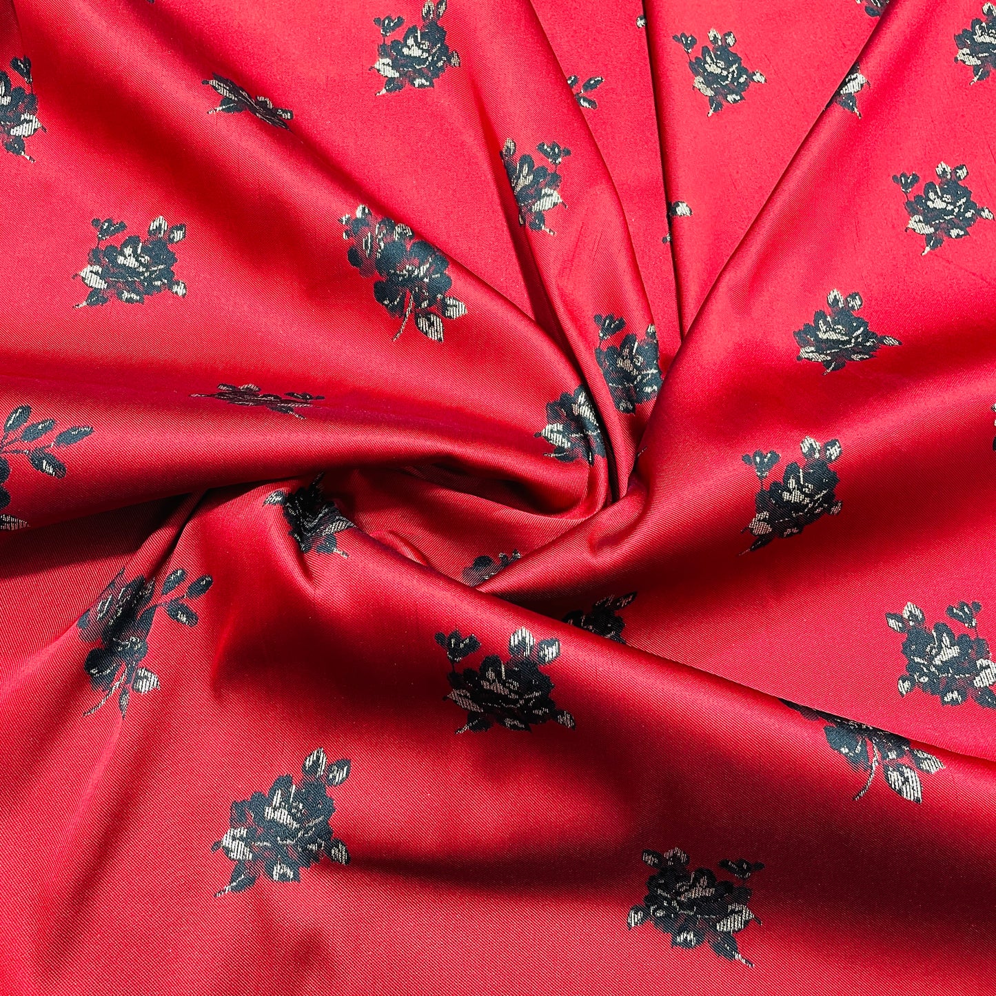 Red & Black Floral Brocade Jacquard Fabric