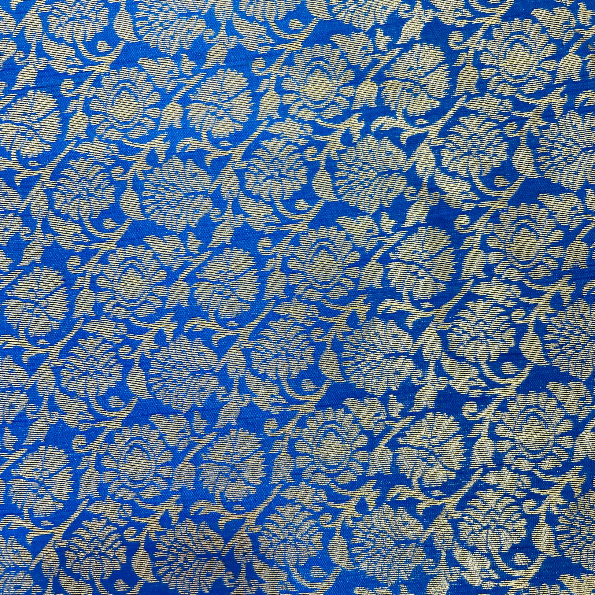 Royal Blue Floral With Gold Foil Brocade Fabric - TradeUNO