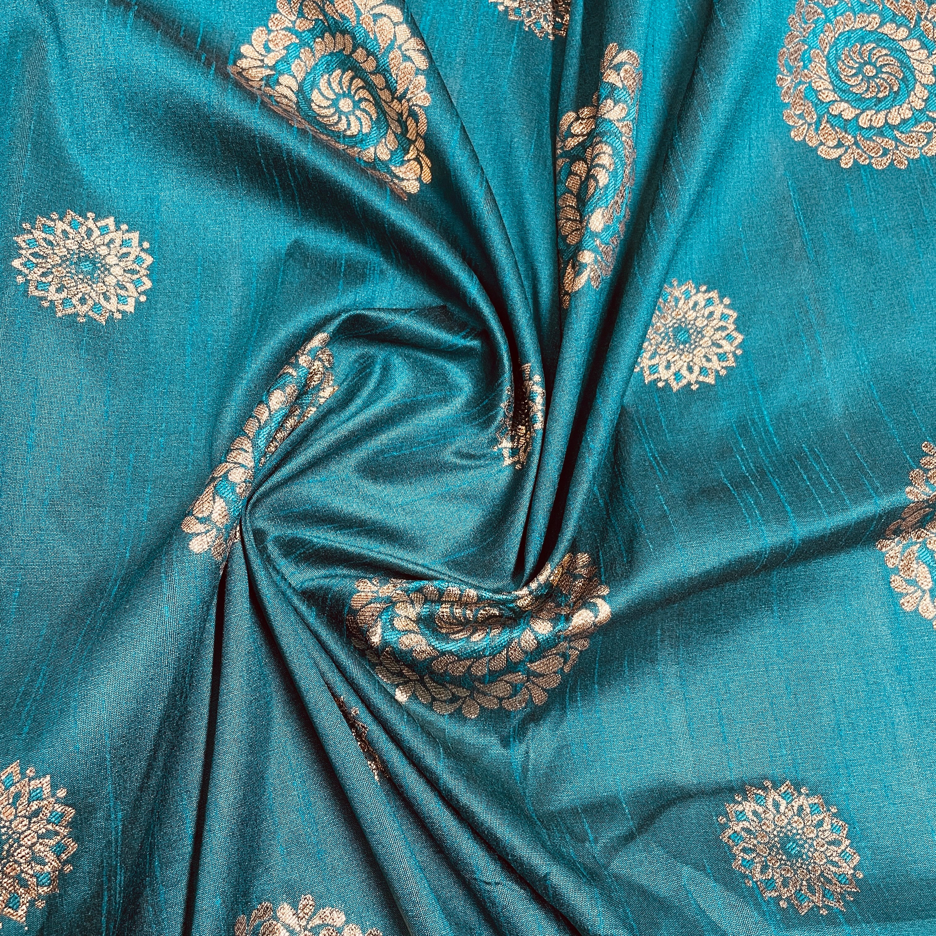 Teal Blue Floral With Gold Foil Dupion Silk Fabric - TradeUNO