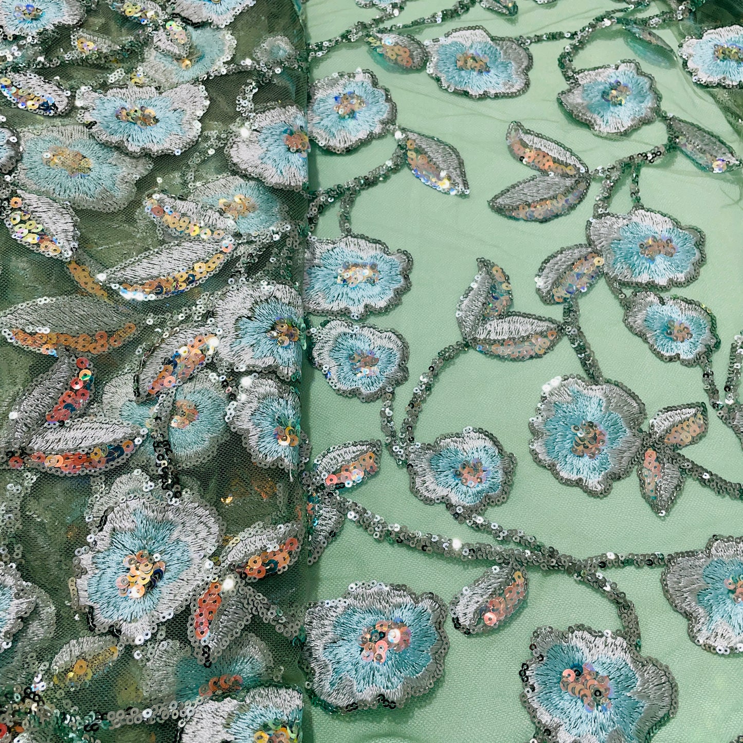 Green Floral Sequence Embroidery Net Fabric - TradeUNO