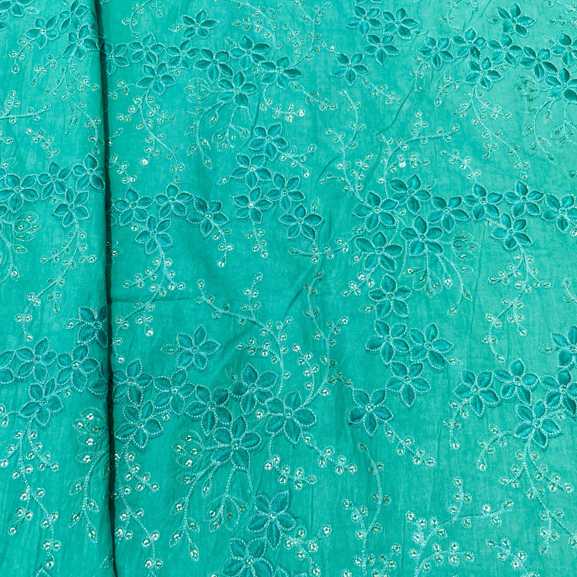 Green Floral Sequence Embroidery Cotton Fabric - TradeUNO