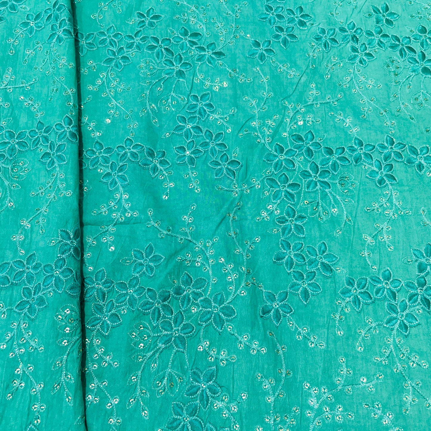Green Floral Sequence Embroidery Cotton Fabric - TradeUNO