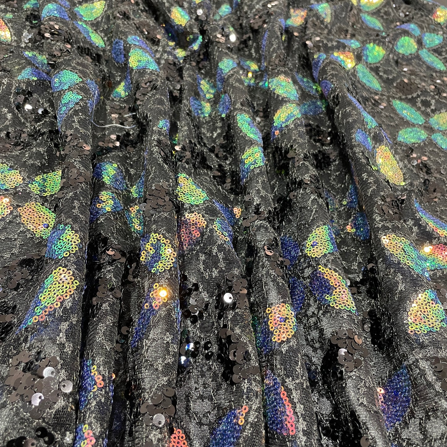 Black with Multicolor Floral Embroidery Sequence Net Lycra Fabric - TradeUNO