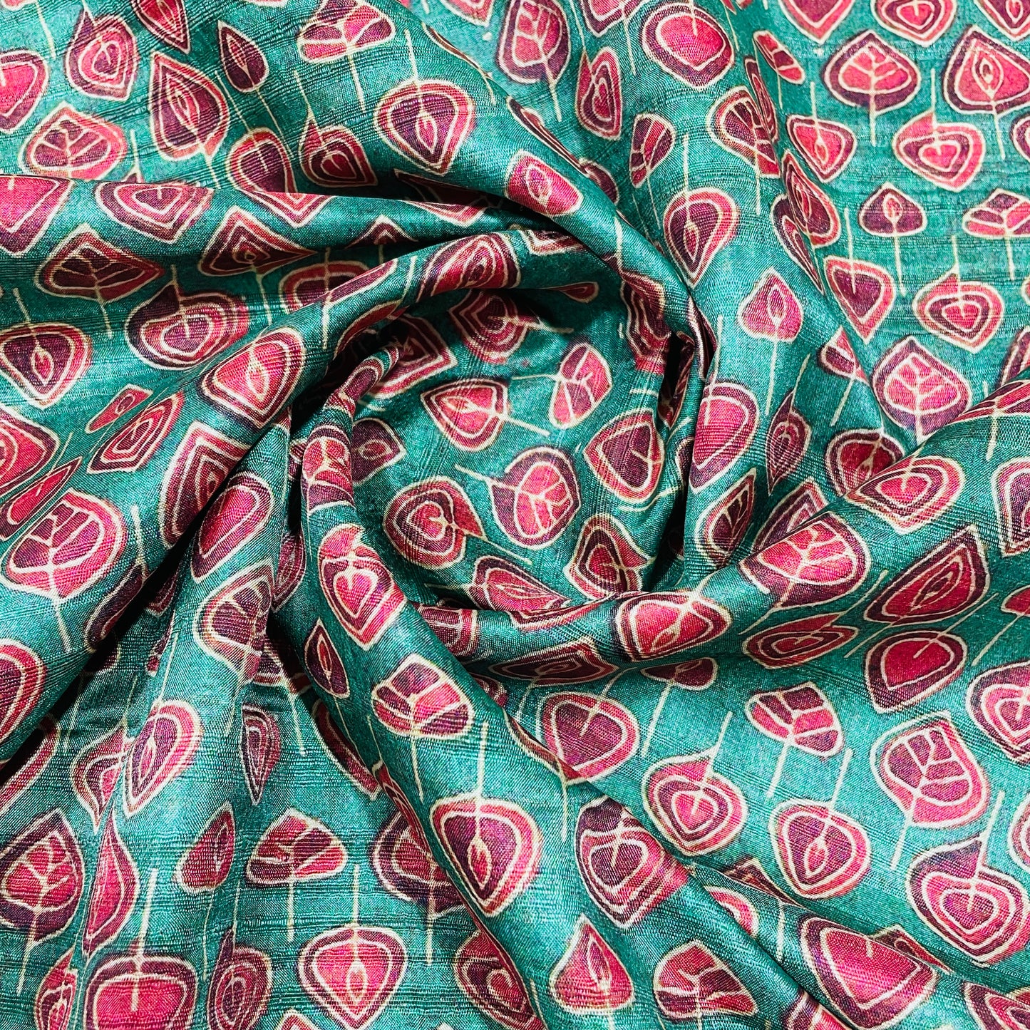 Green & Red Floral Print Tusser Silk Fabric