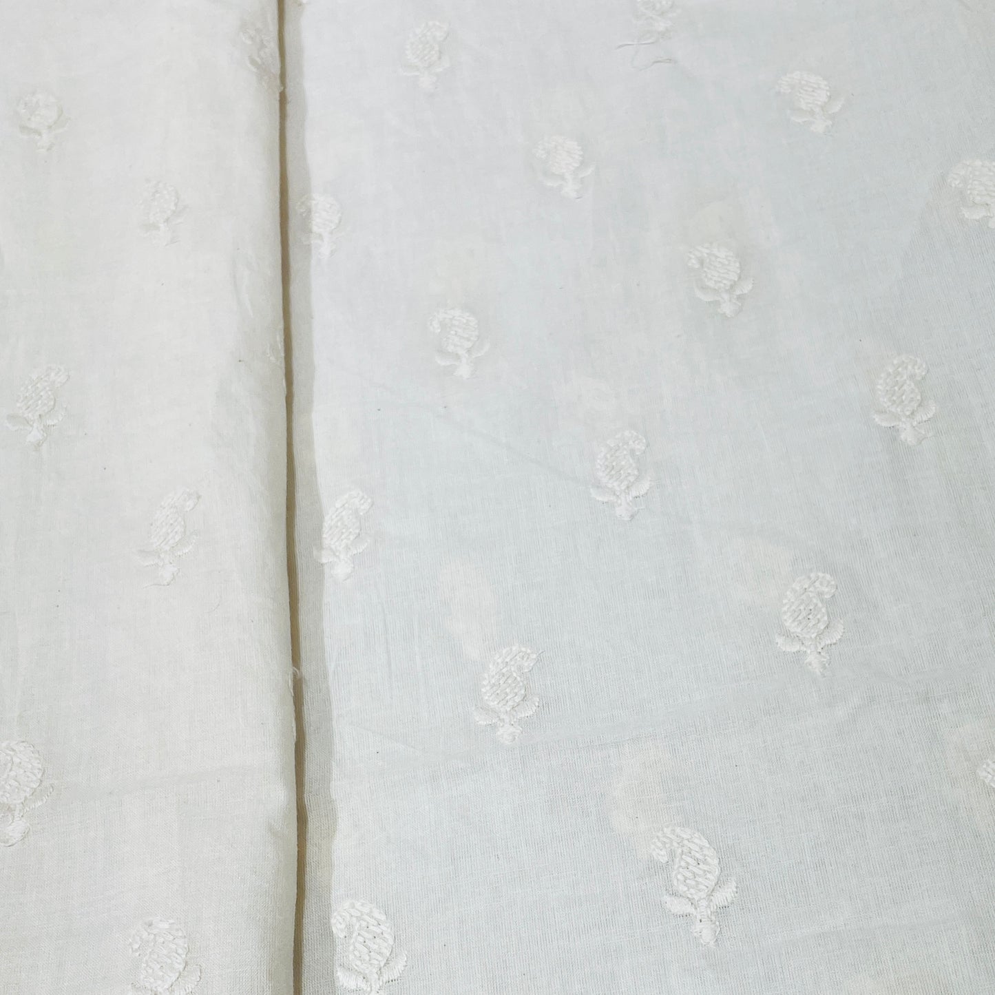 Off White Paisley Sequence Embroidery Cotton Fabric - TradeUNO