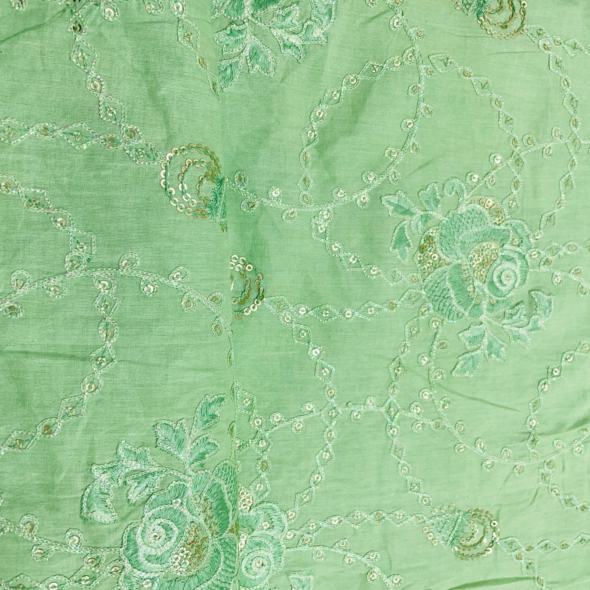 Green Floral Sequence Embroidery Cotton Fabric - TradeUNO