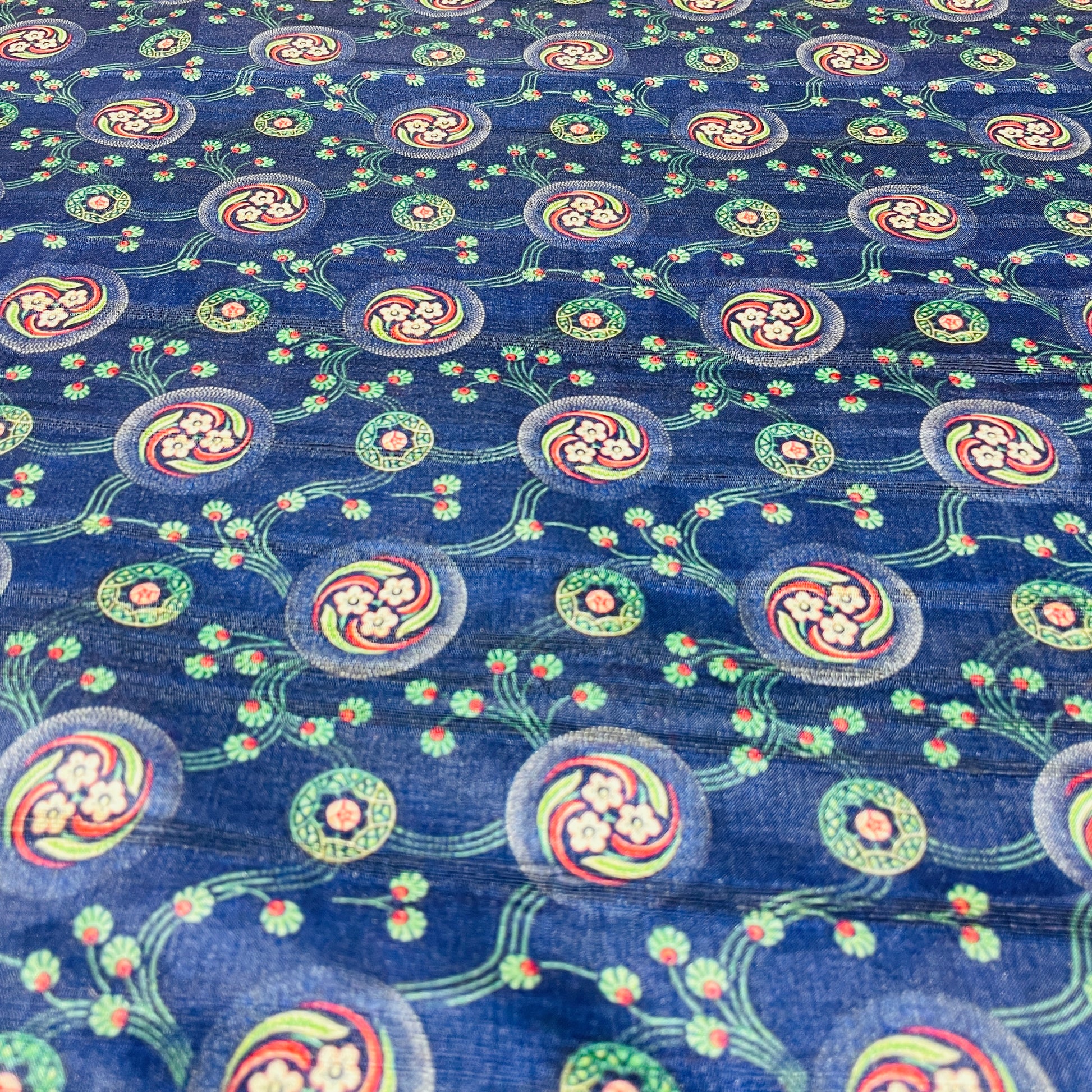 Dark Blue & Multicolor Floral Print Tusser Silk Fabric - TradeUNO