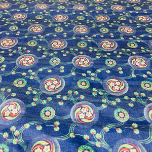 Dark Blue & Multicolor Floral Print Tusser Silk Fabric - TradeUNO
