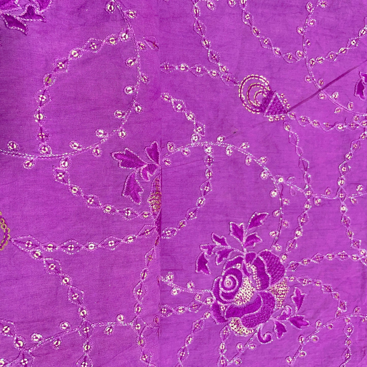 Purple Floral Sequence Embroidery Cotton Fabric - TradeUNO