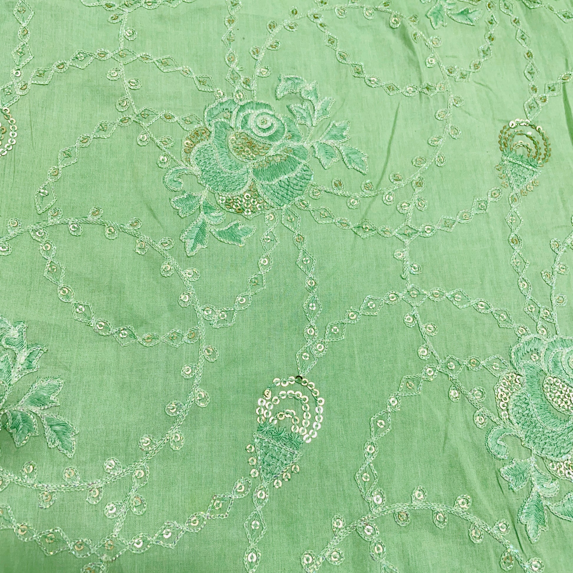 Green Floral Sequence Embroidery Cotton Fabric - TradeUNO