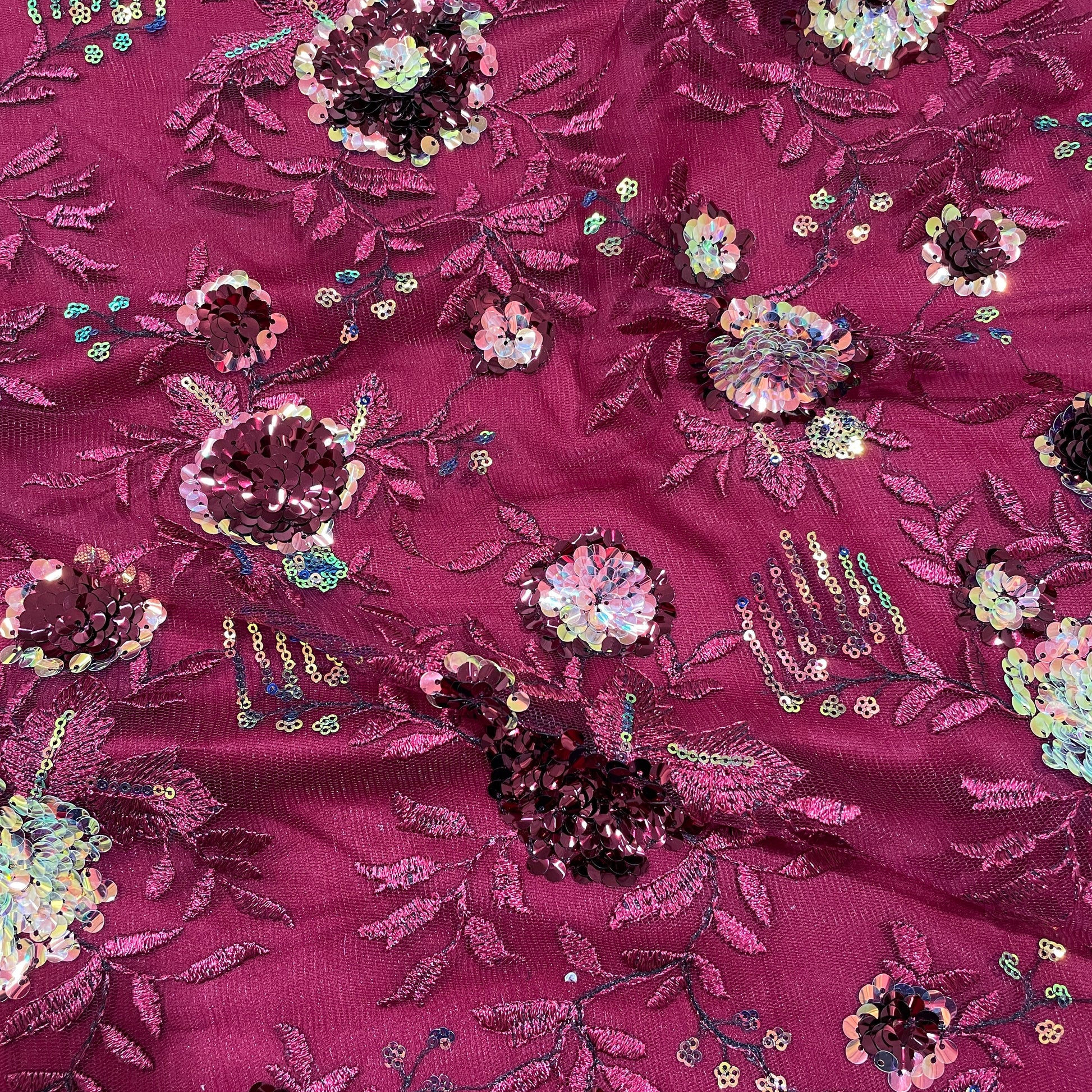 Red Maroon Floral Embroidery Sequence Net Lycra Fabric - TradeUNO