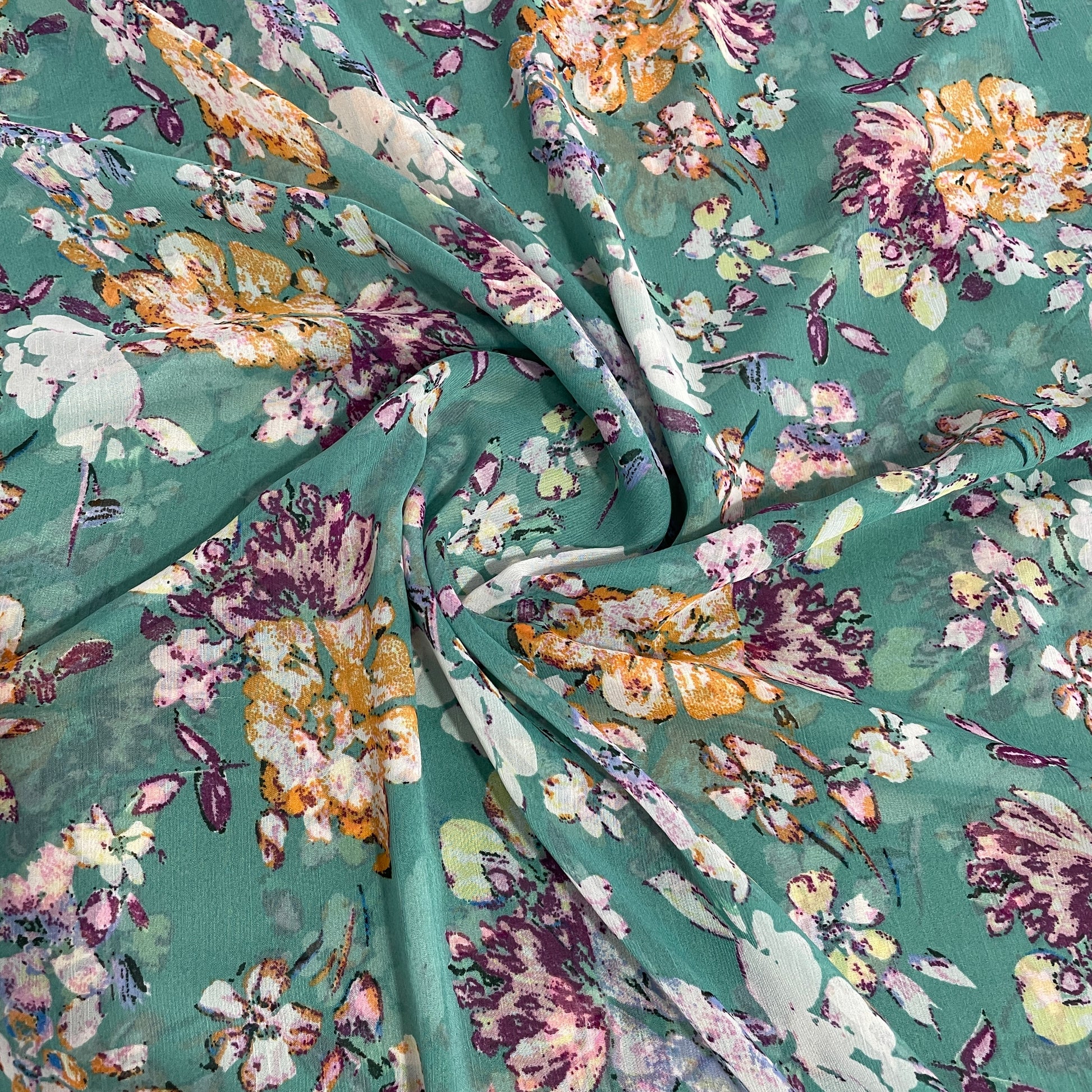 Green & Multicolor Floarl Print Georgette Fabric - TradeUNO