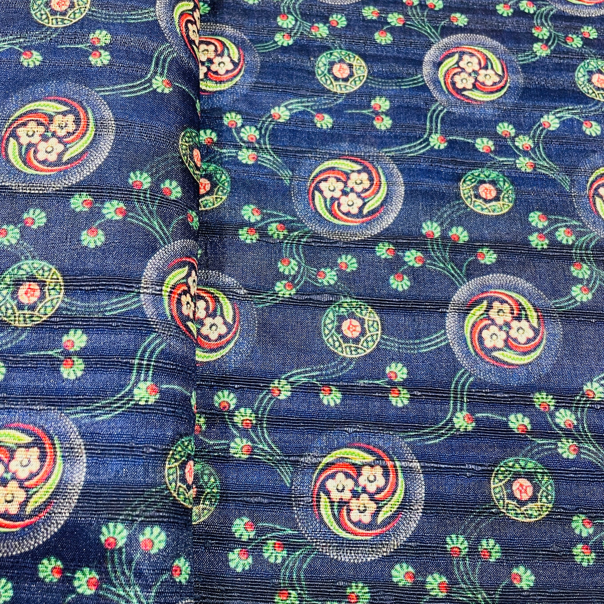 Dark Blue & Multicolor Floral Print Tusser Silk Fabric - TradeUNO