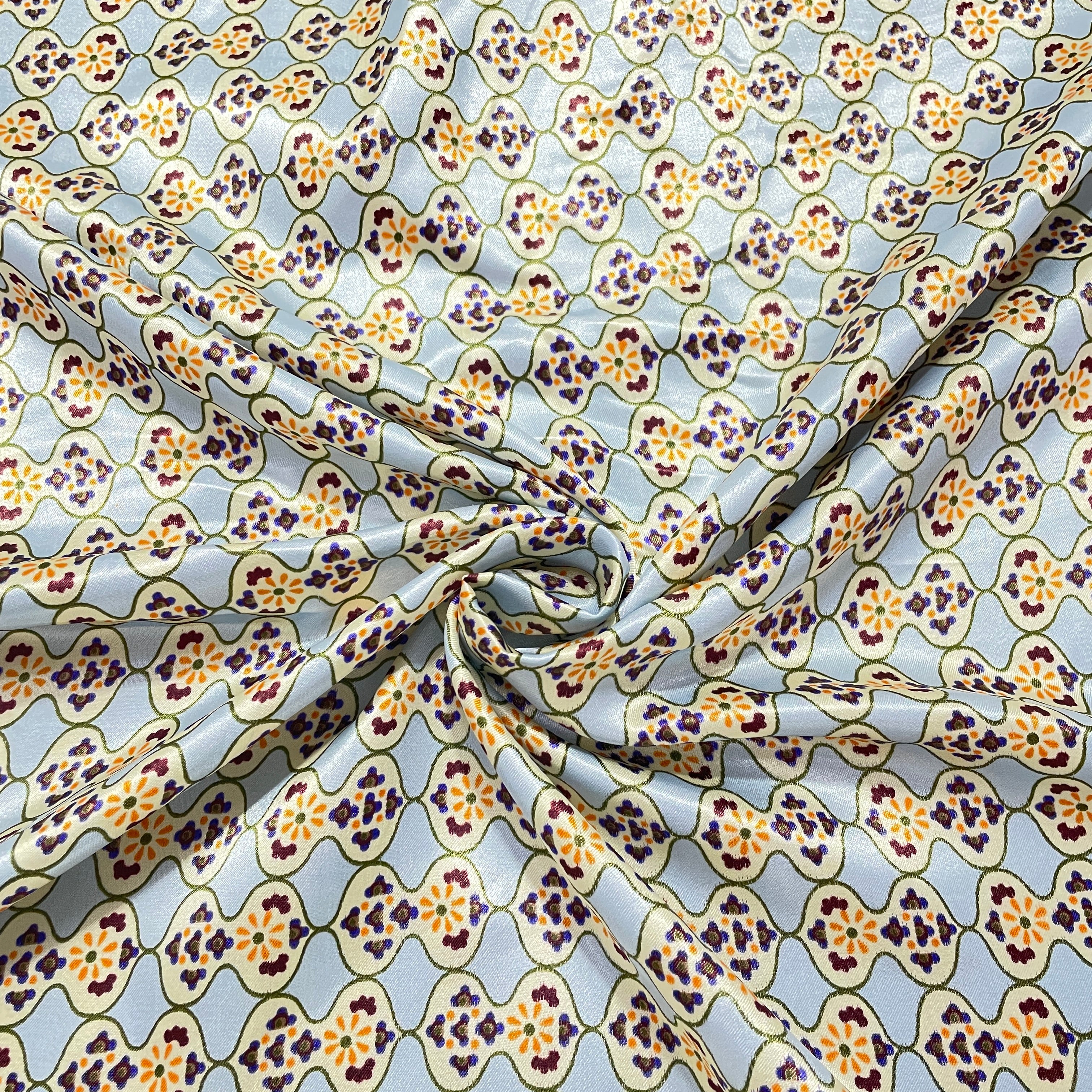 Grey Multicolor Geometerical Print Satin Fabric - TradeUNO