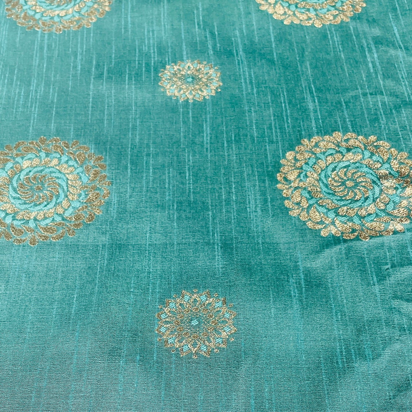 Dark Green Floral With Gold Foil Dupion Silk Fabric - TradeUNO