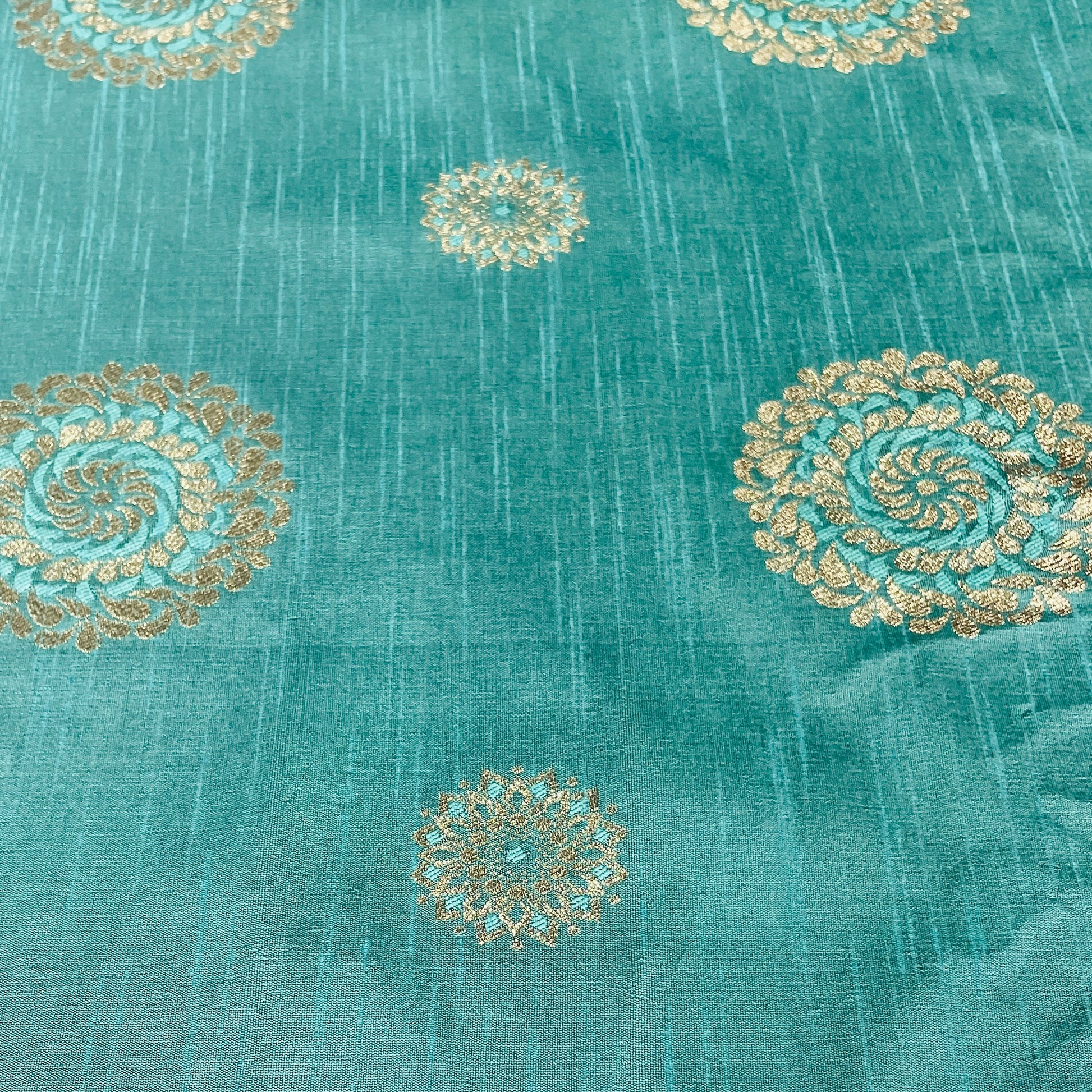 Dark Green Floral With Gold Foil Dupion Silk Fabric - TradeUNO