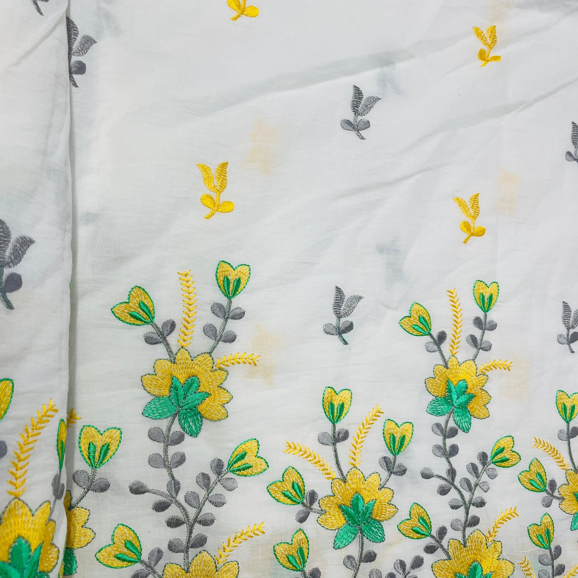 White & Yellow Floral Thread Embroidery Cotton Fabric - TradeUNO