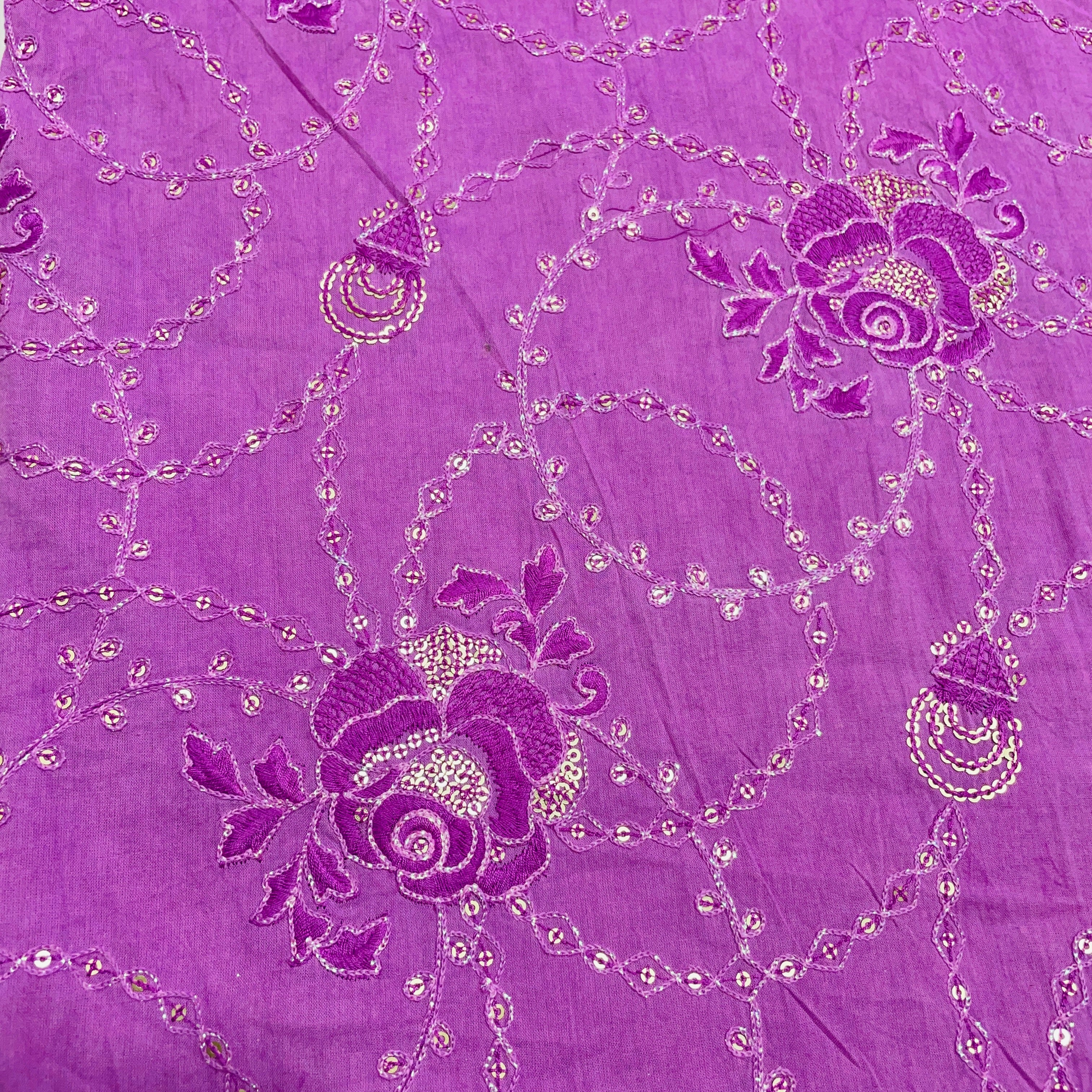 Purple Floral Sequence Embroidery Cotton Fabric - TradeUNO