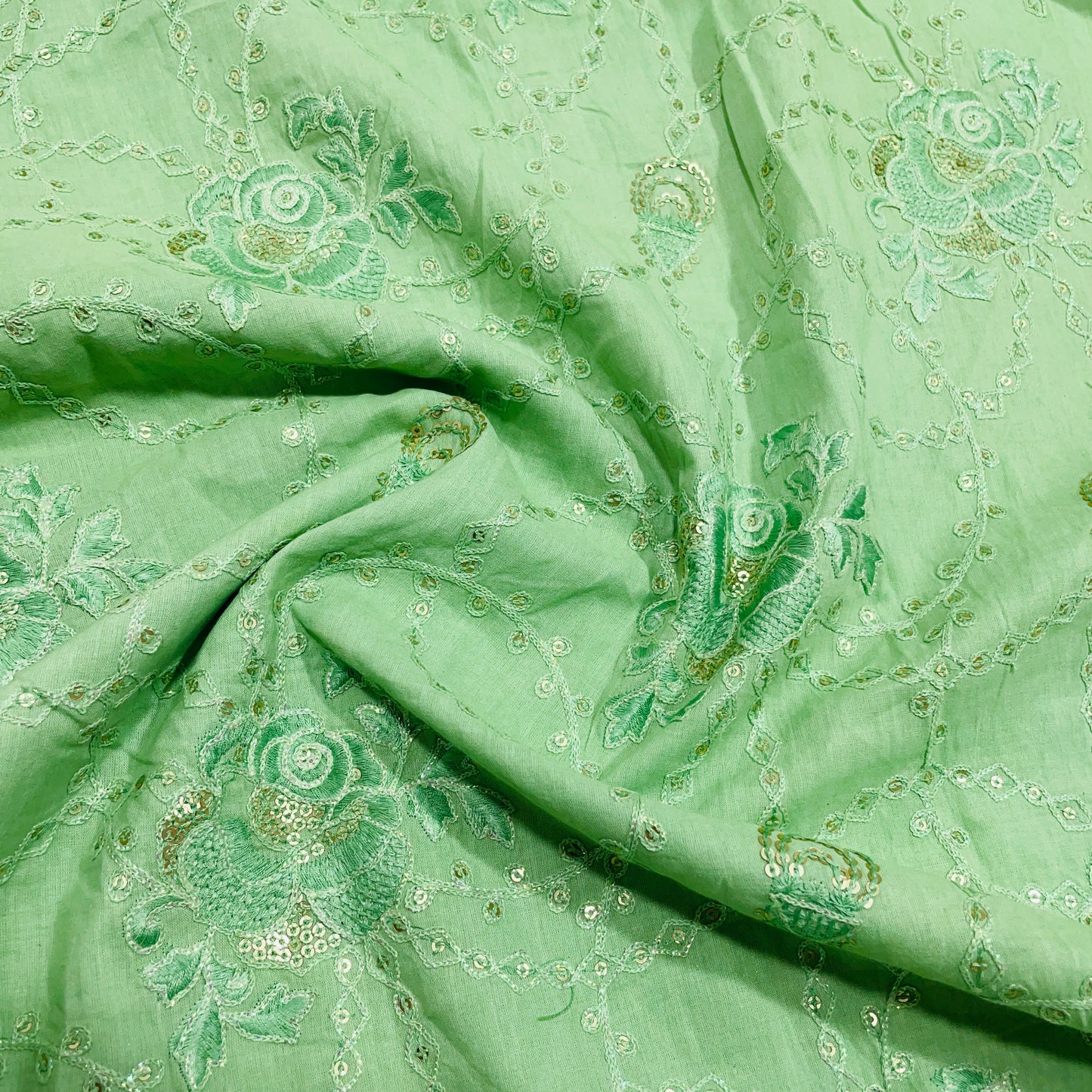 Green Floral Sequence Embroidery Cotton Fabric - TradeUNO