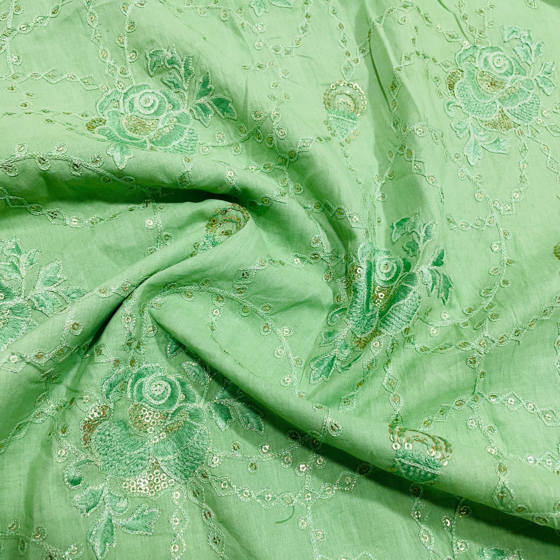 Green Floral Sequence Embroidery Cotton Fabric - TradeUNO