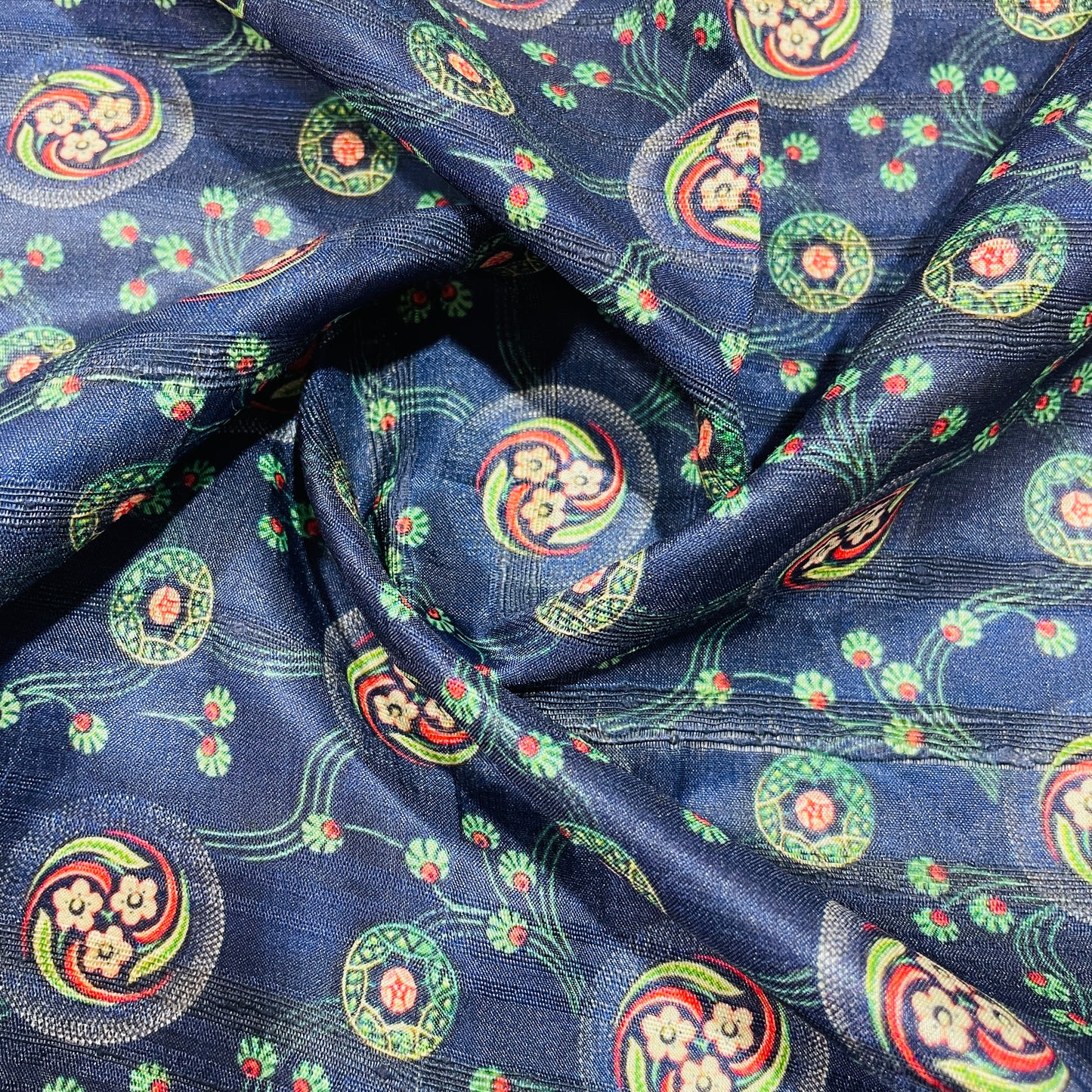 Dark Blue & Multicolor Floral Print Tusser Silk Fabric - TradeUNO