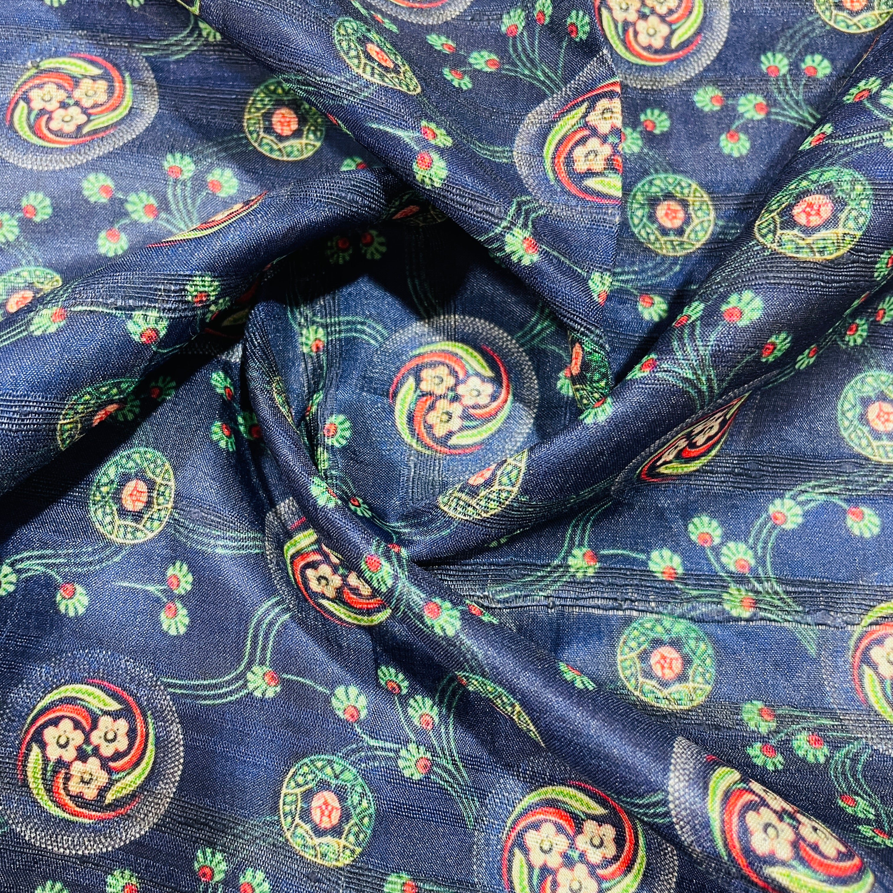 Dark Blue & Multicolor Floral Print Tusser Silk Fabric - TradeUNO