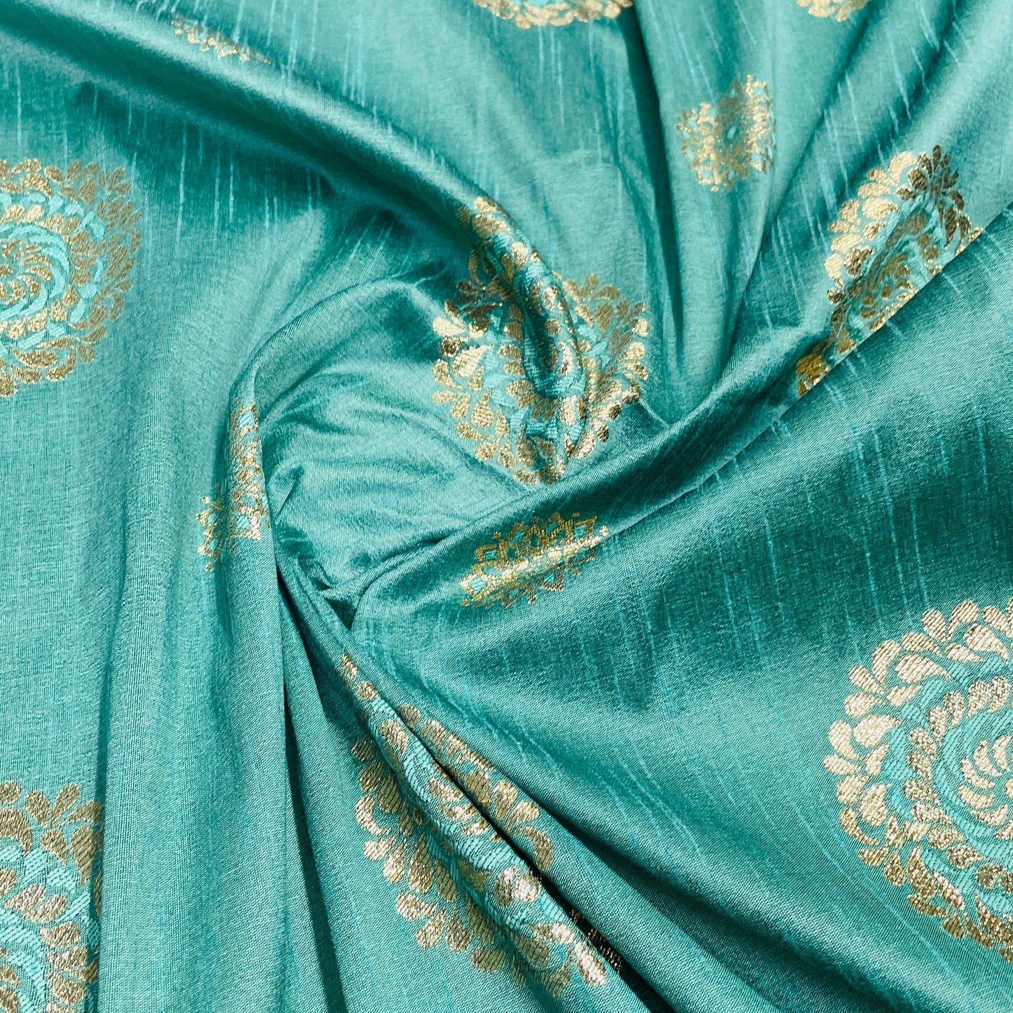 Dark Green Floral With Gold Foil Dupion Silk Fabric - TradeUNO