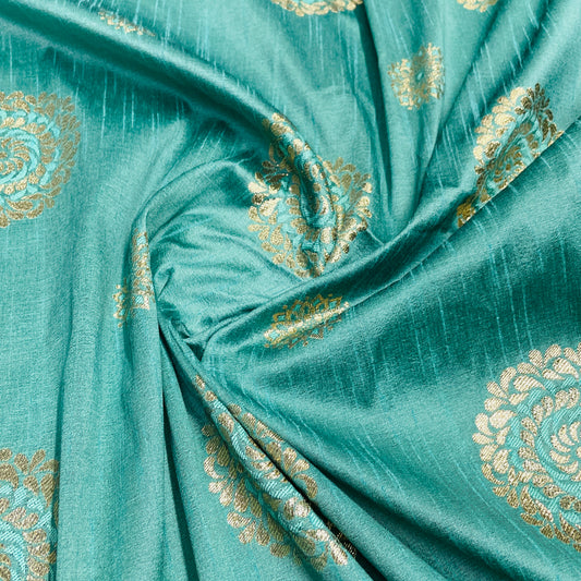 Dark Green Floral With Gold Foil Dupion Silk Fabric