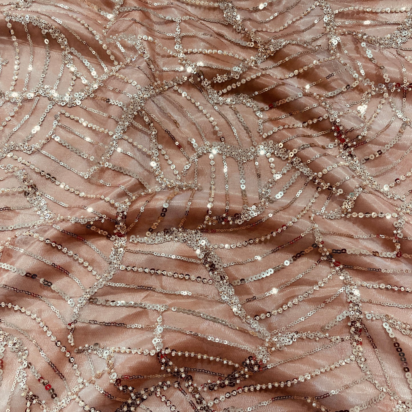 Peach Beads & Sequence Embroidery Net Imported Fabric - TradeUNO