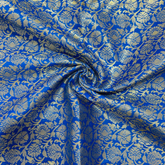 Royal Blue Floral With Gold Foil Brocade  Fabric