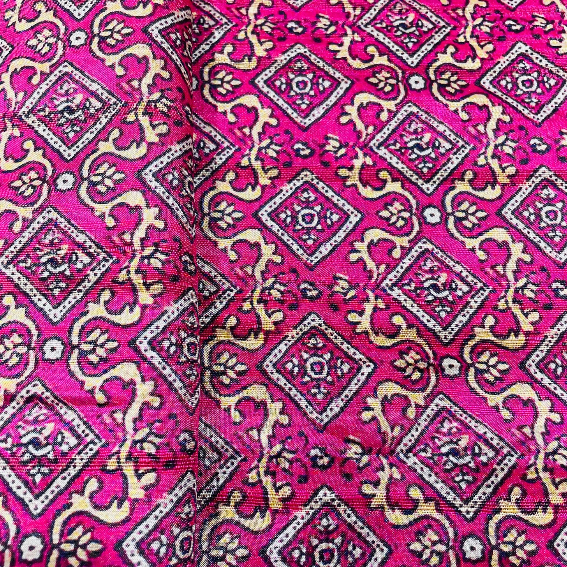 Pink Traditional Print Tusser Silk Fabric - TradeUNO