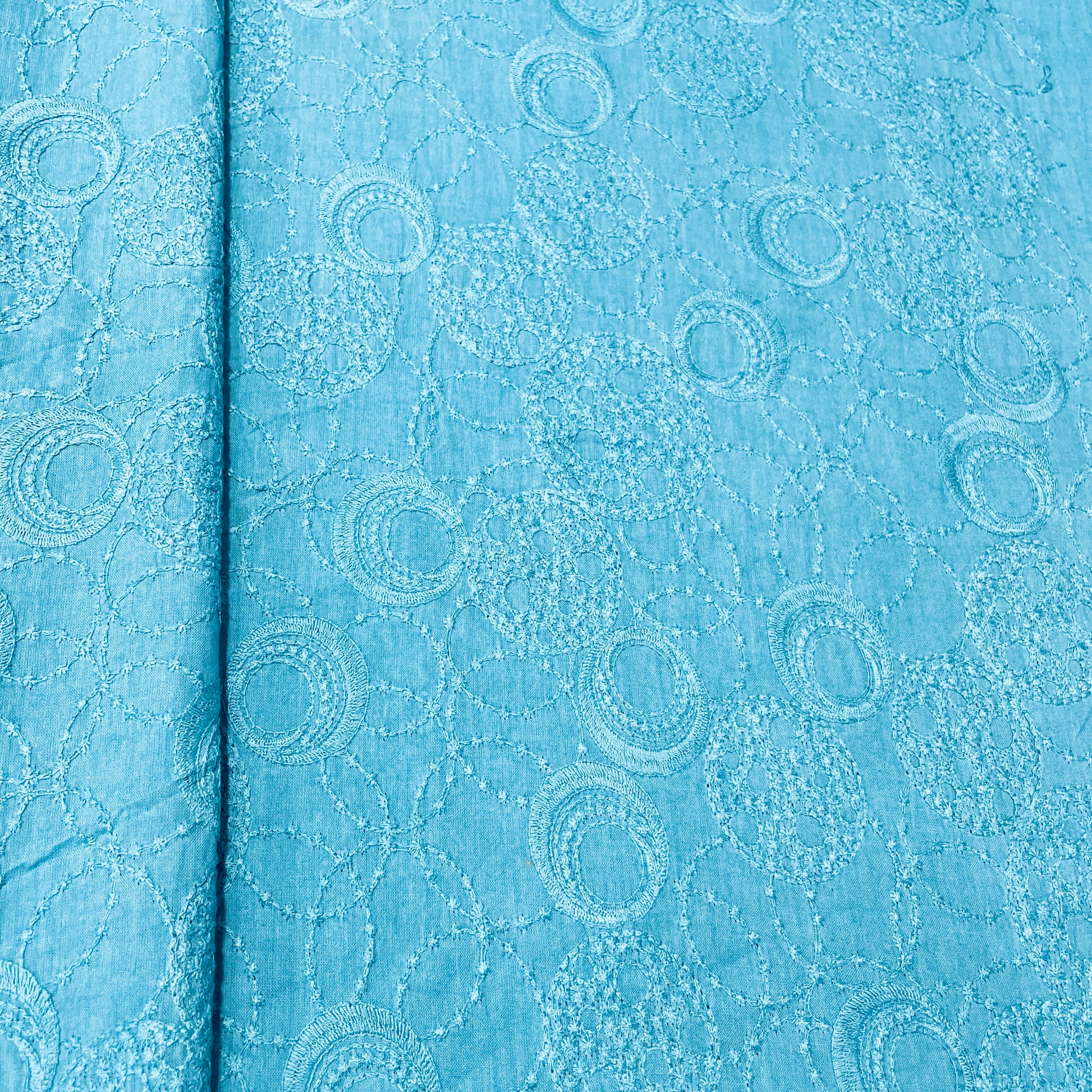 Sea Blue Geometerical Sequence Embroidery Cotton Fabric - TradeUNO