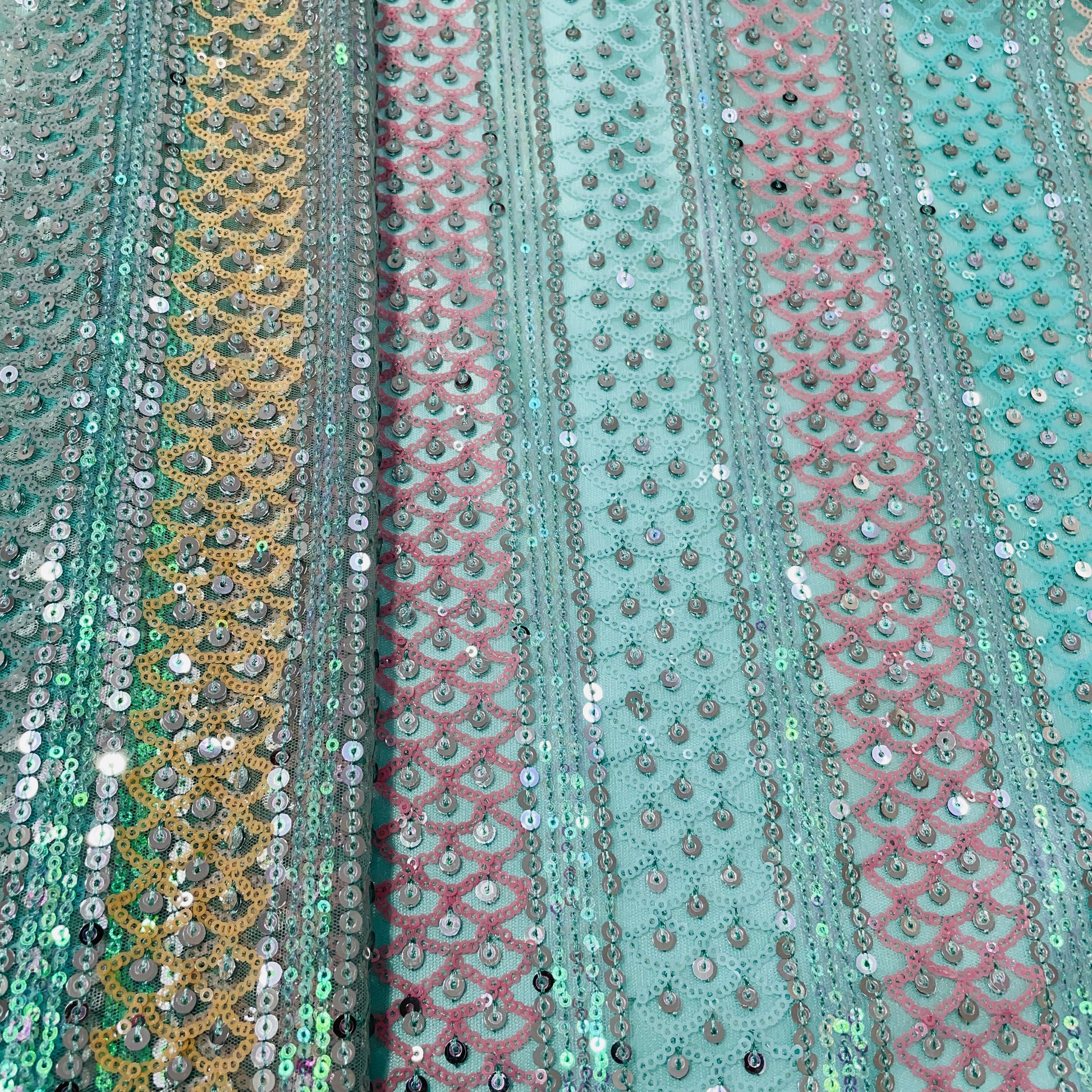 Green With Mullticolor Sequence Embroidery Net Fabric - TradeUNO